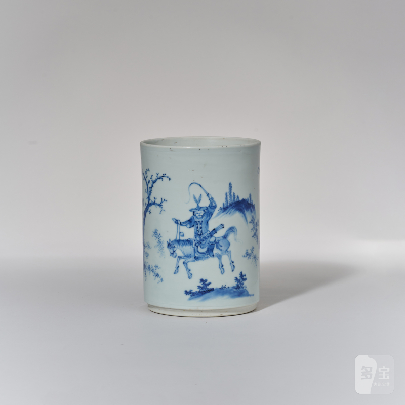 明崇祯 青花羌胡出猎图笔筒 - 图4